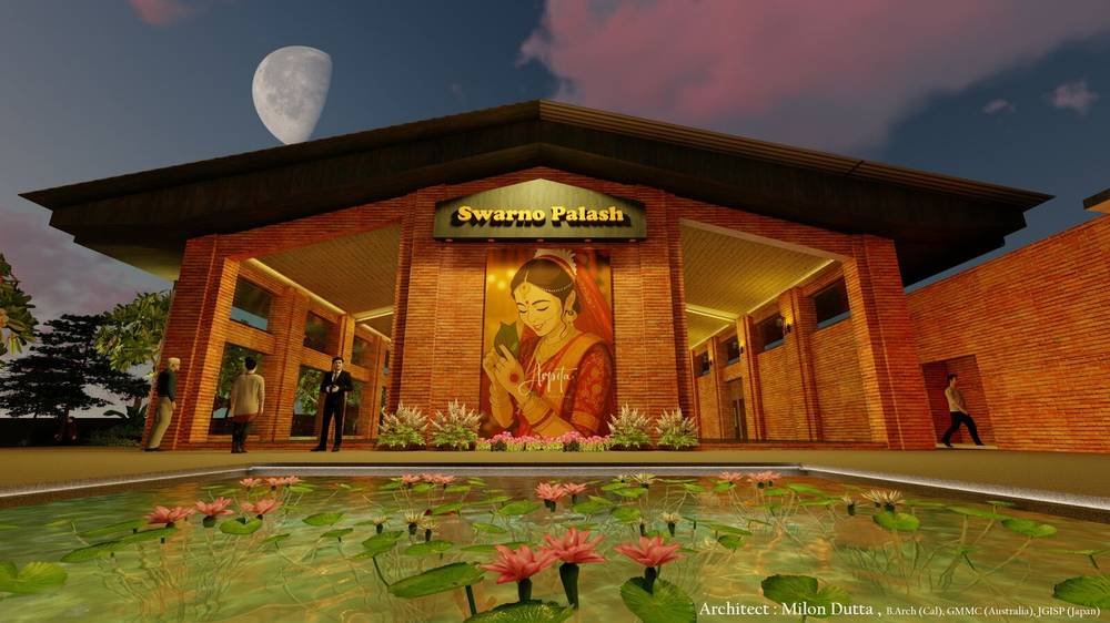 Swarno Palash entrance at dusk with the lily pond lit up